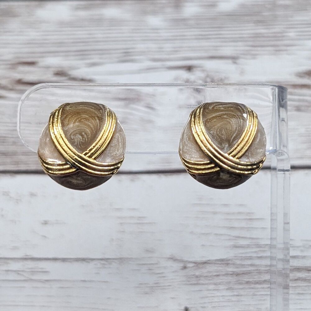 Vintage Clip On Earrings - Different Shades of Brown with Gold Tone Crossover